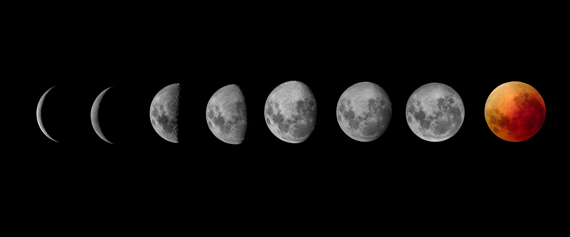 Moon phases from a thin crescent to a full moon