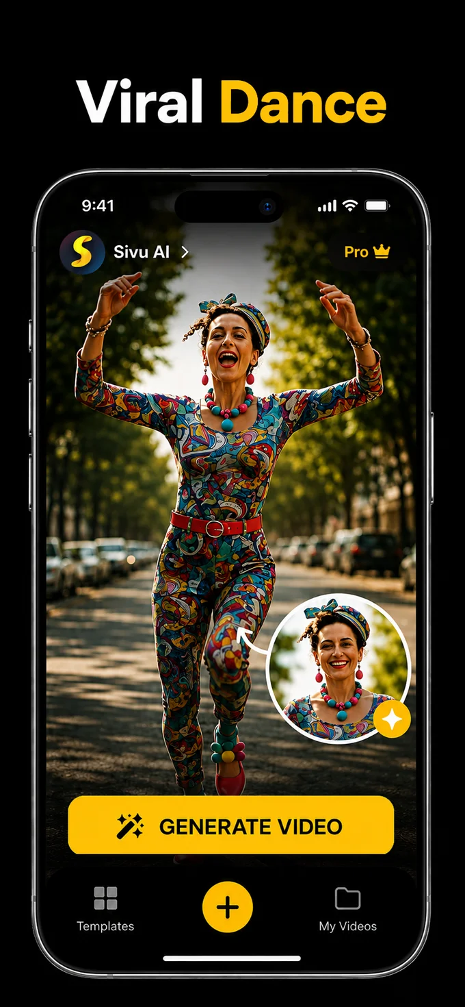 Sivu AI App Store screenshot showing a portrait transformed into a dancing character