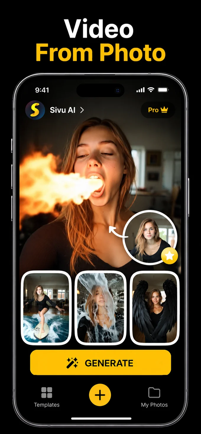Sivu AI App Store screenshot showing photo-to-video transformations and visual effects
