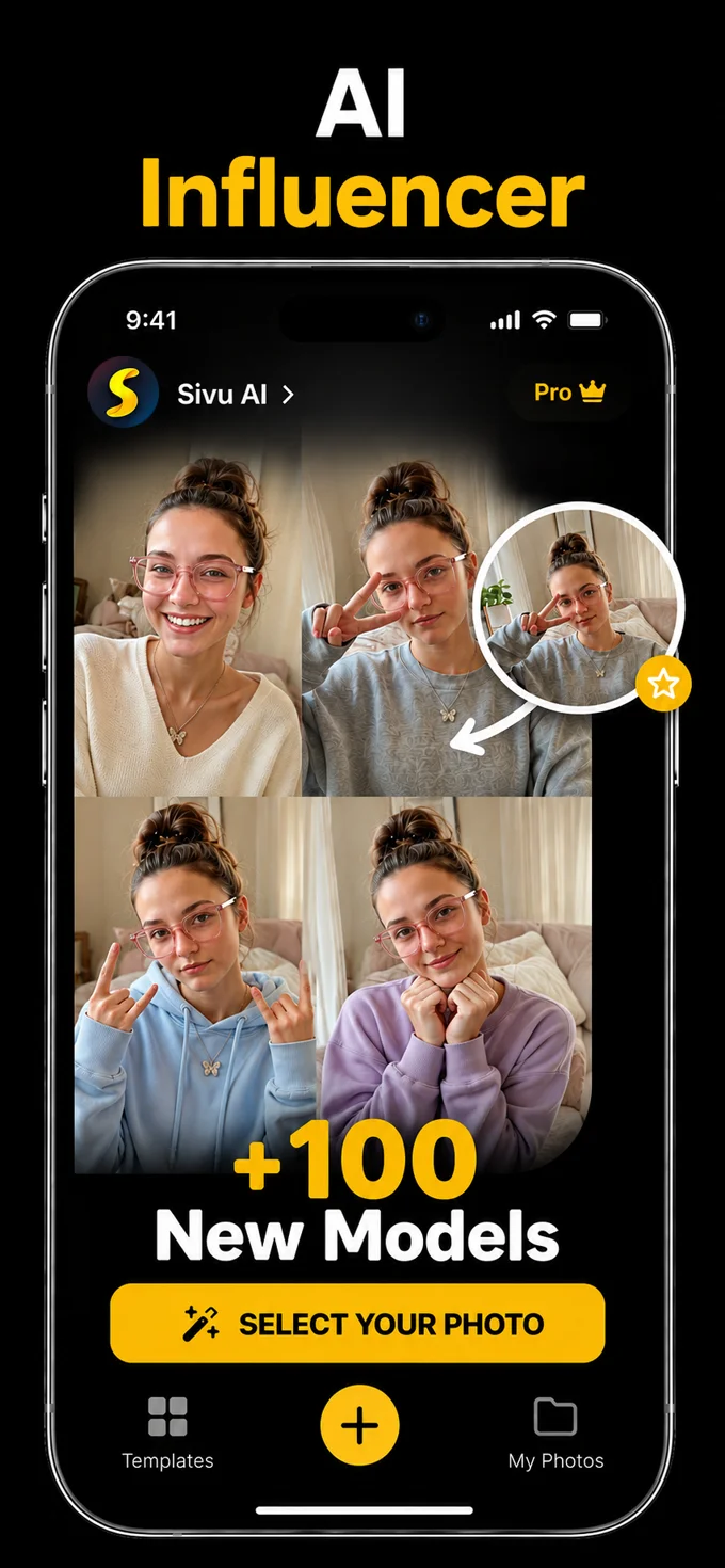 Sivu AI App Store screenshot showing AI influencer portrait variations in different outfits