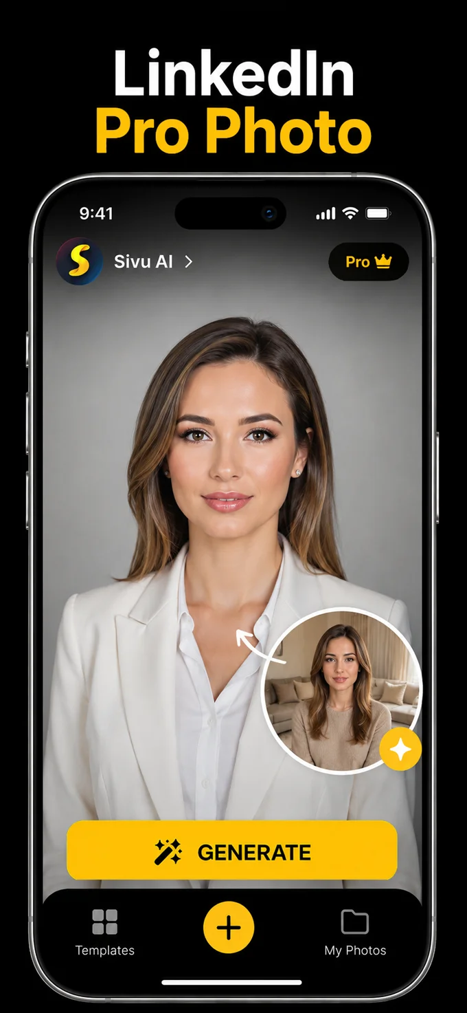 Sivu AI App Store screenshot showing a professional headshot created from a casual portrait