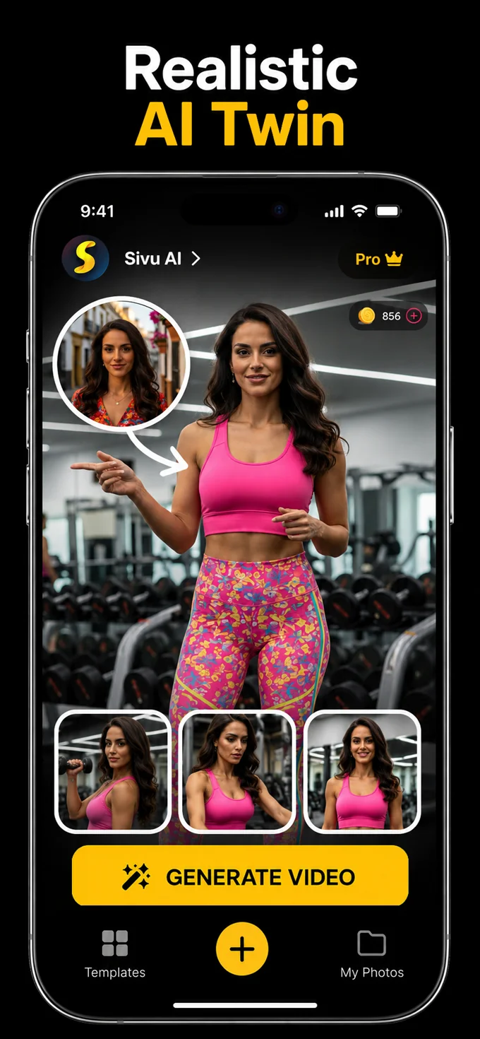 Sivu AI App Store screenshot showing an AI twin and several poses of the same person