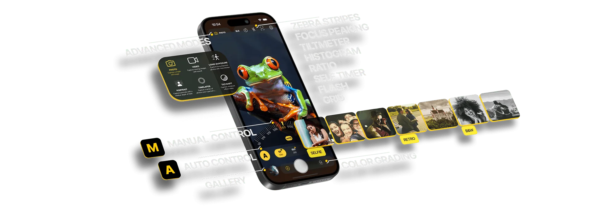 Snap Pro Camera on iPhone with advanced modes, manual control, auto control, color grading and gallery